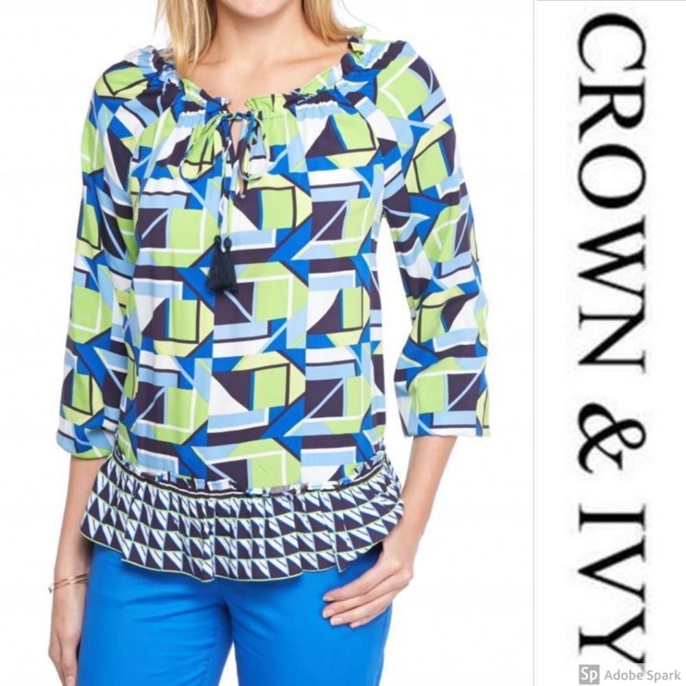 Crown & Ivy Top Geo Print Flounce Hem Tie Neck S